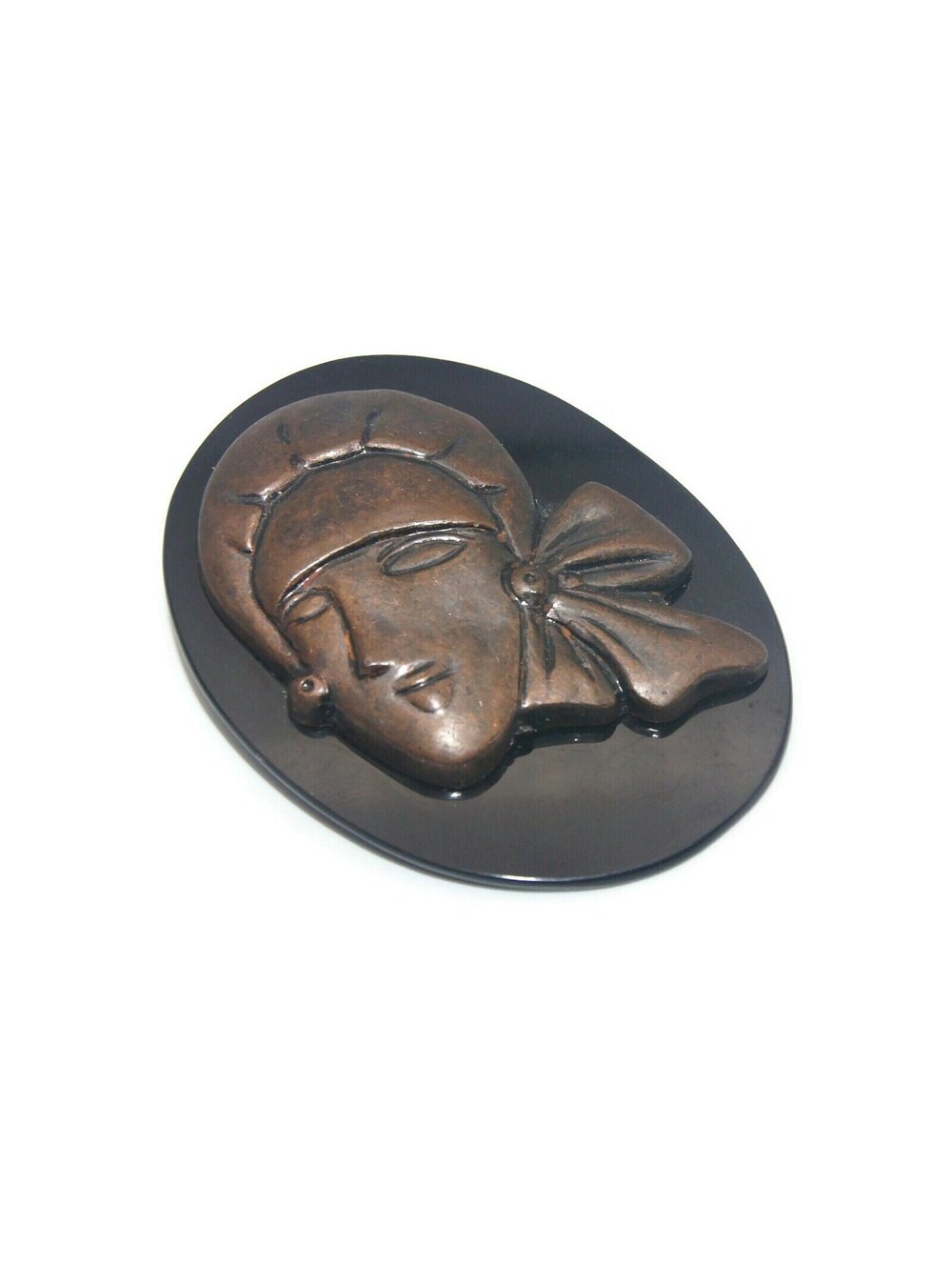 Vintage Black Plastic and Brown Resin Woman Oval Cameo Style Brooch.